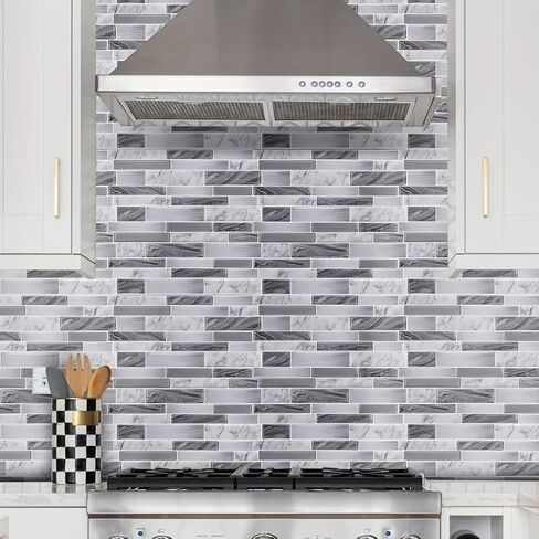 12pcs Vinyl Wall Stickers Marble Pattern 2D Effect Self-Adhesive Peel and Stick Tiles for Kitchen Backsplash, Bathroom, Furniture, Gray in Saudi Arabia