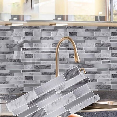 12pcs Vinyl Wall Stickers Marble Pattern 2D Effect Self-Adhesive Peel and Stick Tiles for Kitchen Backsplash, Bathroom, Furniture, Gray in Saudi Arabia