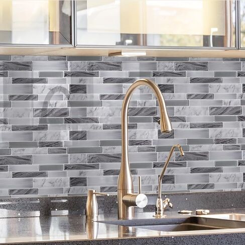 12pcs Vinyl Wall Stickers Marble Pattern 2D Effect Self-Adhesive Peel and Stick Tiles for Kitchen Backsplash, Bathroom, Furniture, Gray in Saudi Arabia