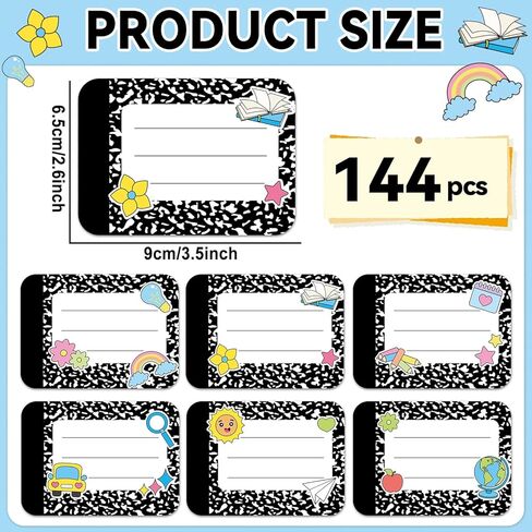 144Pcs Composition Name Tag Stickers for Student Classroom Decor in 6 Styles Black and White Name Stickers Tag 2.6×3.5 in Composition Nameplates for Classroom Elementary Kindergarten Preschool in Saudi Arabia