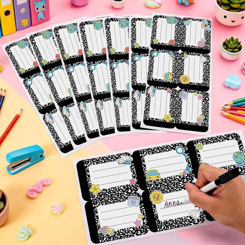 144Pcs Composition Name Tag Stickers for Student Classroom Decor in 6 Styles Black and White Name Stickers Tag 2.6×3.5 in Composition Nameplates for Classroom Elementary Kindergarten Preschool in Saudi Arabia