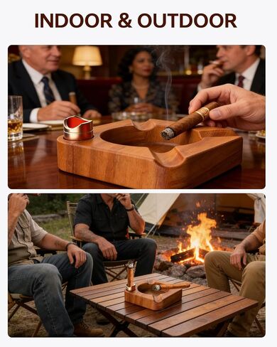 Cigar Ashtray Outdoor Indoor, Sapele Wood Cigar Ashtrays for Men with Removable Metal Tray, 4 Slots Large Square Ash Tray for Patio Home Office, Fancy Cigar Accessories Gift Idea in Saudi Arabia