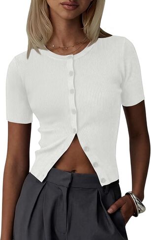 سترة حريمي صيفية كاجوال بأكمام قصيرة من Kistore سترة صوفية بأزرار سفلية ورقبة دائرية محبوكة in Kuwait