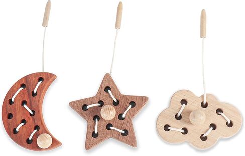 FlameFlash Montessori Wooden Lacing Threading Toys, Moon/Stars/Cloud Lacing Toys for Toddlers, Threading Activity Toddler Travel Toy, Fine Motor Skills Toys for 2 3 4 Year Old (Natural Wood) in Saudi Arabia