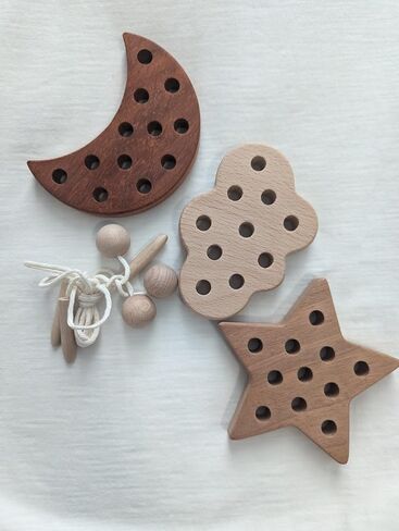 FlameFlash Montessori Wooden Lacing Threading Toys, Moon/Stars/Cloud Lacing Toys for Toddlers, Threading Activity Toddler Travel Toy, Fine Motor Skills Toys for 2 3 4 Year Old (Natural Wood) in Saudi Arabia