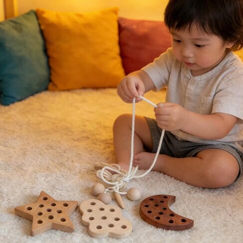 FlameFlash Montessori Wooden Lacing Threading Toys, Moon/Stars/Cloud Lacing Toys for Toddlers, Threading Activity Toddler Travel Toy, Fine Motor Skills Toys for 2 3 4 Year Old (Natural Wood) in Saudi Arabia