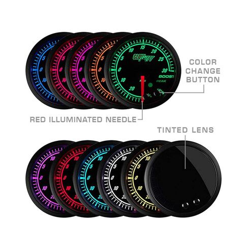 مقياس مستوى الوقود GlowShift Elite 10 ألوان قابل للتعديل - قرص أسود - عدسة ملونة - وظيفة استدعاء الذروة - لمركبات الغاز والديزل - 2-1/16 بوصة 52 مم in Saudi Arabia