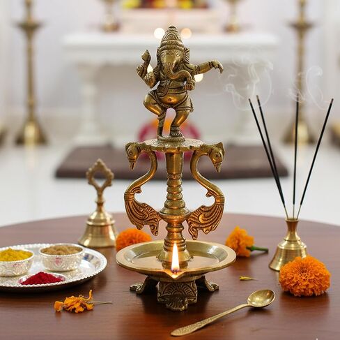 eSplanade - Brass Lotus Shaped Round Dancing Ganesh Diya | Oil Lamp | Home Decor | Brass Diya | Lamps for Home and Office - 8" Inches in Saudi Arabia
