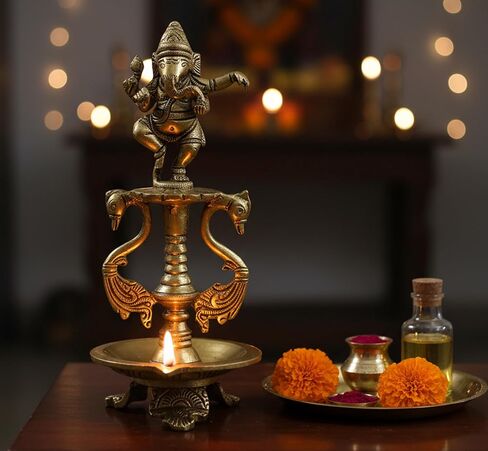 eSplanade - Brass Lotus Shaped Round Dancing Ganesh Diya | Oil Lamp | Home Decor | Brass Diya | Lamps for Home and Office - 8" Inches in Saudi Arabia