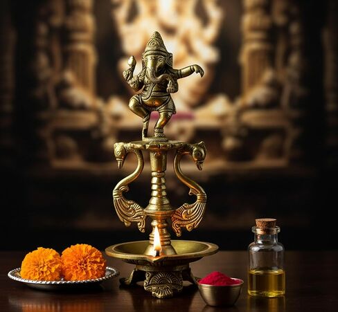 eSplanade - Brass Lotus Shaped Round Dancing Ganesh Diya | Oil Lamp | Home Decor | Brass Diya | Lamps for Home and Office - 8" Inches in Saudi Arabia