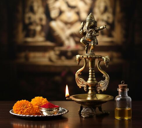 eSplanade - Brass Lotus Shaped Round Dancing Ganesh Diya | Oil Lamp | Home Decor | Brass Diya | Lamps for Home and Office - 8" Inches in Saudi Arabia