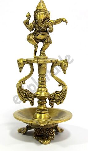 eSplanade - Brass Lotus Shaped Round Dancing Ganesh Diya | Oil Lamp | Home Decor | Brass Diya | Lamps for Home and Office - 8" Inches in Saudi Arabia