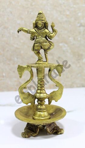 eSplanade - Brass Lotus Shaped Round Dancing Ganesh Diya | Oil Lamp | Home Decor | Brass Diya | Lamps for Home and Office - 8" Inches in Saudi Arabia