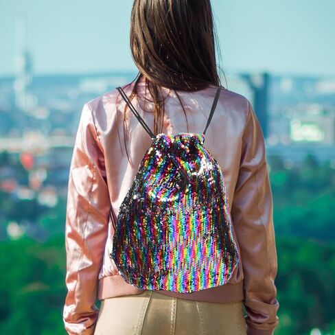 TEHAUX Sequin Drawstring Sports Bag Large Gym String Pouch Colorful Mermaid Outdoor Backpack for Adults in Saudi Arabia