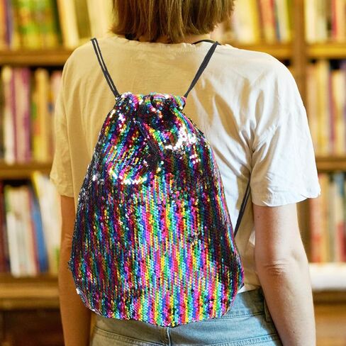 TEHAUX Sequin Drawstring Sports Bag Large Gym String Pouch Colorful Mermaid Outdoor Backpack for Adults in Saudi Arabia