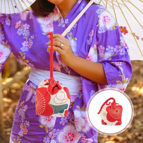 Amosfun Japanese Drawstring Bag Portable Kimono Purse Fabric Phone Pouch Drawstring Purse Cherry Blossom Handbag in Saudi Arabia