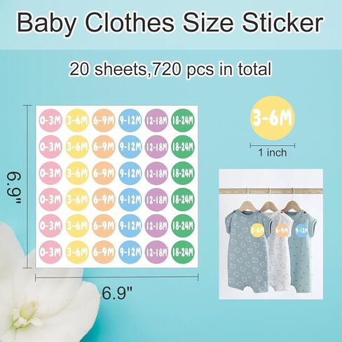 720 PCS Baby Clothes Size Stickers, 1" Circle Size Labels for Baby Clothing, Color-Coding Size Organizer Sticker for Baby Apparel Retail Stores(0-24 Months, 6 Colors) in Kuwait