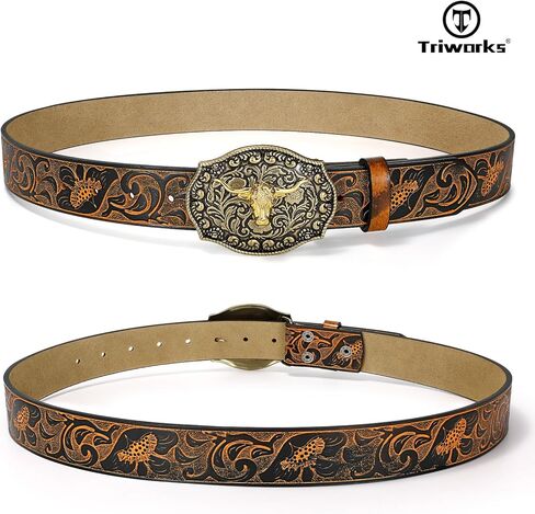 TRIWORKS Men's Western cowboy belt Classic embossed leather belts with Printed Engraved Buckle in Saudi Arabia