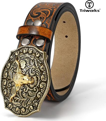 TRIWORKS Men's Western cowboy belt Classic embossed leather belts with Printed Engraved Buckle in Saudi Arabia