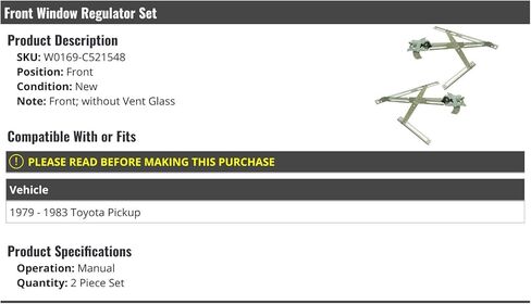 Front Manual Window Regulator Set of 2 - Compatible with 1979-1983 Toyota Pickup (Without Vent Glass) in Saudi Arabia