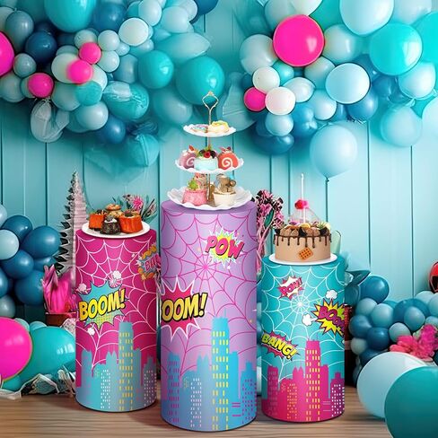 3 Pcs City Theme Hero Party Supplies Hero Cylinder Pedestal Stand Covers Spandex Plinth City Covers Cityscape Buildings Decor for Birthday Party Shower Props Decor in Saudi Arabia