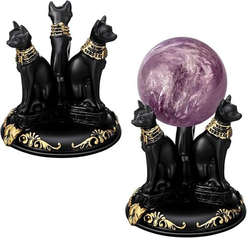 Geelin 2 Pcs Bast Bastet Cat Crystal Ball Base Triple Egyptian Cats Crystal Sphere Ball Stand Display Base Holder Resin Figurines Statue Home Decoration for 50-55mm Sphere in Saudi Arabia