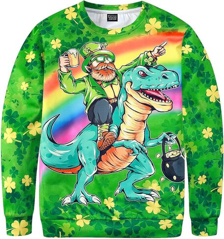 Funny World Mens St Patricks Day Sweatshirt Leprechaun Riding Dinosaur Shirt in Saudi Arabia