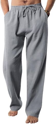 Men's Linen Pants Summer Casual Drawstring Elastic Waist Beach Pants Loose-Fit Straight Legs Trousers in Saudi Arabia