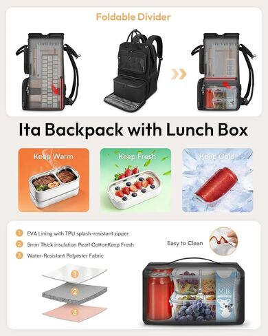 حقيبة ظهر Ita مع حجرة غداء، حقيبة ظهر Ita Bag Display Lunchbox Back Pack مع إدراج، 15.6 بوصة حقيبة ظهر للكمبيوتر المحمول للمدرسة، حقيبة كتب للسفر مع صندوق غداء للتنقل والحفلات التنكرية، أسود in Kuwait