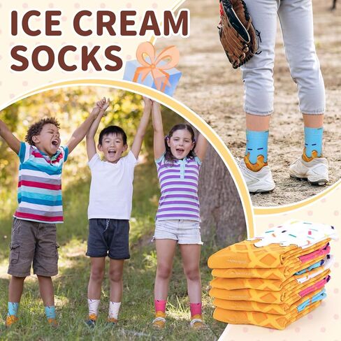 Booson 6 Pairs Ice Cream Socks Baseball Drip Socks Funny Sports Baseball Gift for 8-12 Youth Teen Boys Girls Athletic Crew Colorful Sock Team Player Birthday Party Favors in Kuwait