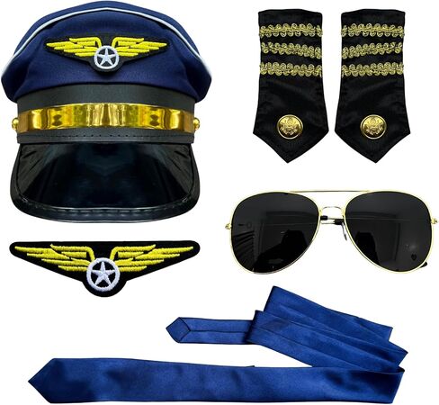 مجموعة أزياء الطيار للبالغين للرجال - تتضمن نظارات شمسية طيار، وقبعة الكابتن، وكتاف، وشارة، وربطة عنق للهالوين، والحفلات التنكرية، والمناسبات التنكرية in Kuwait