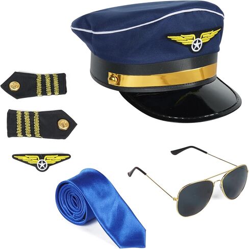 مجموعة أزياء الطيار للبالغين للرجال - تتضمن نظارات شمسية طيار، وقبعة الكابتن، وكتاف، وشارة، وربطة عنق للهالوين، والحفلات التنكرية، والمناسبات التنكرية in Kuwait