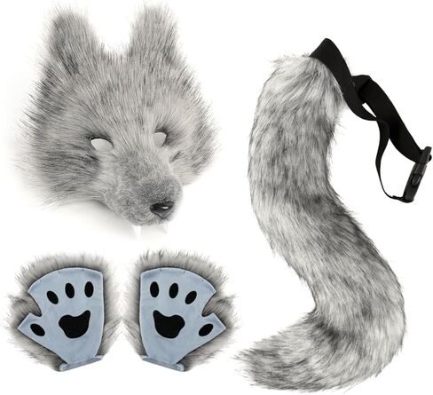 مجموعة قناع وذيل QinRuan Therian، زي تنكري ثعلب وولف من الفرو الصناعي مكون من 3 قطع مع قفازات مخالب للبالغين in Kuwait