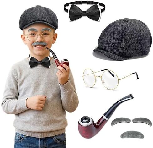 زي الرجل العجوز، زي الشخص العجوز للأطفال، زي الرجل العجوز للأولاد، زي الأطفال 100 يوم من المدرسة للأولاد، يشمل القبعات والنظارات وربطات العنق واللحية/الحواجب المزيفة والدعائم التنكرية باللون الأسود in Kuwait