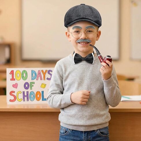 زي الرجل العجوز، زي الشخص العجوز للأطفال، زي الرجل العجوز للأولاد، زي الأطفال 100 يوم من المدرسة للأولاد، يشمل القبعات والنظارات وربطات العنق واللحية/الحواجب المزيفة والدعائم التنكرية باللون الأسود in Kuwait