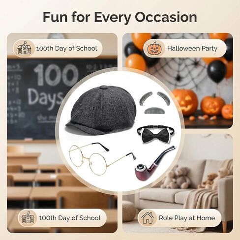 زي الرجل العجوز، زي الشخص العجوز للأطفال، زي الرجل العجوز للأولاد، زي الأطفال 100 يوم من المدرسة للأولاد، يشمل القبعات والنظارات وربطات العنق واللحية/الحواجب المزيفة والدعائم التنكرية باللون الأسود in Kuwait