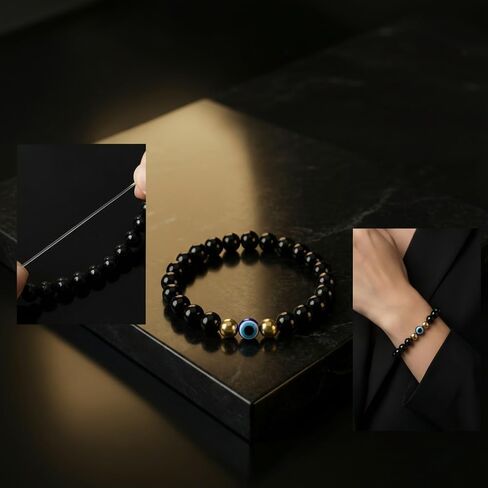 Evil Eye Protection Bracelet for Men & Women, Black Tourmaline Beaded Stretch Bracelet with Blue Nazar Charm，Spiritual Jewelry for Anxiety & Good Luck, Meaningful Gift. in Saudi Arabia