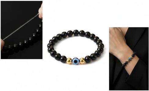 Evil Eye Protection Bracelet for Men & Women, Black Tourmaline Beaded Stretch Bracelet with Blue Nazar Charm，Spiritual Jewelry for Anxiety & Good Luck, Meaningful Gift. in Saudi Arabia