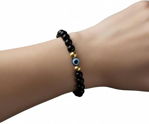 Evil Eye Protection Bracelet for Men & Women, Black Tourmaline Beaded Stretch Bracelet with Blue Nazar Charm，Spiritual Jewelry for Anxiety & Good Luck, Meaningful Gift. in Saudi Arabia