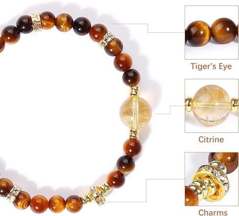 Tiger Eye & Citrine Crystal Bead Bracelet for Women Men,Chakra Crystal Energy Bracelet with Gold Zircon Charms Protection & Confidence Lucky Amulet, Elastic Jewelry Gift for 6.3"-7.1" Wrist in Saudi Arabia