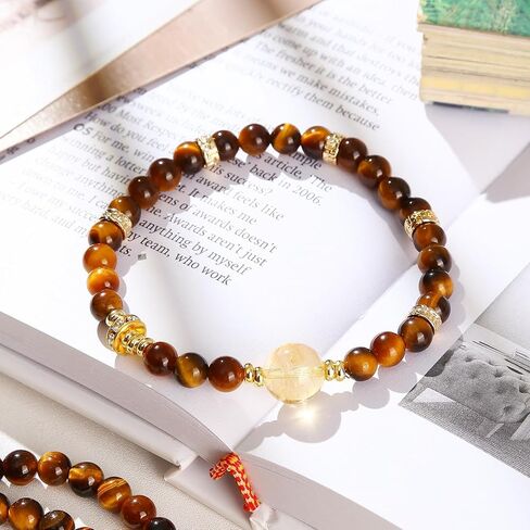 Tiger Eye & Citrine Crystal Bead Bracelet for Women Men,Chakra Crystal Energy Bracelet with Gold Zircon Charms Protection & Confidence Lucky Amulet, Elastic Jewelry Gift for 6.3"-7.1" Wrist in Saudi Arabia