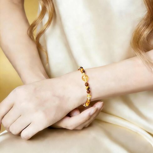 Tiger Eye & Citrine Crystal Bead Bracelet for Women Men,Chakra Crystal Energy Bracelet with Gold Zircon Charms Protection & Confidence Lucky Amulet, Elastic Jewelry Gift for 6.3"-7.1" Wrist in Saudi Arabia