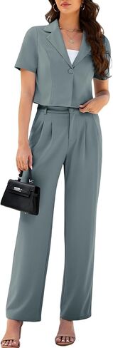 AGSEEM Womens Suits 2 Piece Set Business Short Sleeve Cropped Blazer and Wide Leg Pants Set Office Outfits Work Casual,S-2XL in Kuwait