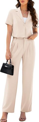 AGSEEM Womens Suits 2 Piece Set Business Short Sleeve Cropped Blazer and Wide Leg Pants Set Office Outfits Work Casual,S-2XL in Saudi Arabia