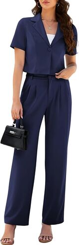 AGSEEM Womens Suits 2 Piece Set Business Short Sleeve Cropped Blazer and Wide Leg Pants Set Office Outfits Work Casual,S-2XL in Saudi Arabia