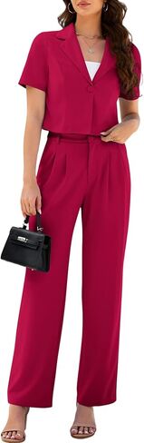 AGSEEM Womens Suits 2 Piece Set Business Short Sleeve Cropped Blazer and Wide Leg Pants Set Office Outfits Work Casual,S-2XL in Saudi Arabia