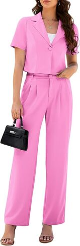 AGSEEM Womens Suits 2 Piece Set Business Short Sleeve Cropped Blazer and Wide Leg Pants Set Office Outfits Work Casual,S-2XL in Saudi Arabia