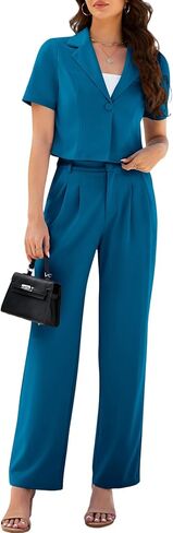 AGSEEM Womens Suits 2 Piece Set Business Short Sleeve Cropped Blazer and Wide Leg Pants Set Office Outfits Work Casual,S-2XL in Saudi Arabia