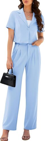 AGSEEM Womens Suits 2 Piece Set Business Short Sleeve Cropped Blazer and Wide Leg Pants Set Office Outfits Work Casual,S-2XL in Saudi Arabia