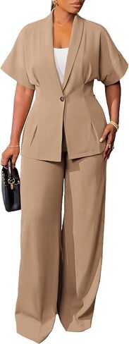 Women's 2 Piece Suit Set Short Sleeve Blazer & Wide Leg Pants Set Summer Work Pantsuit for Business Casual in Kuwait